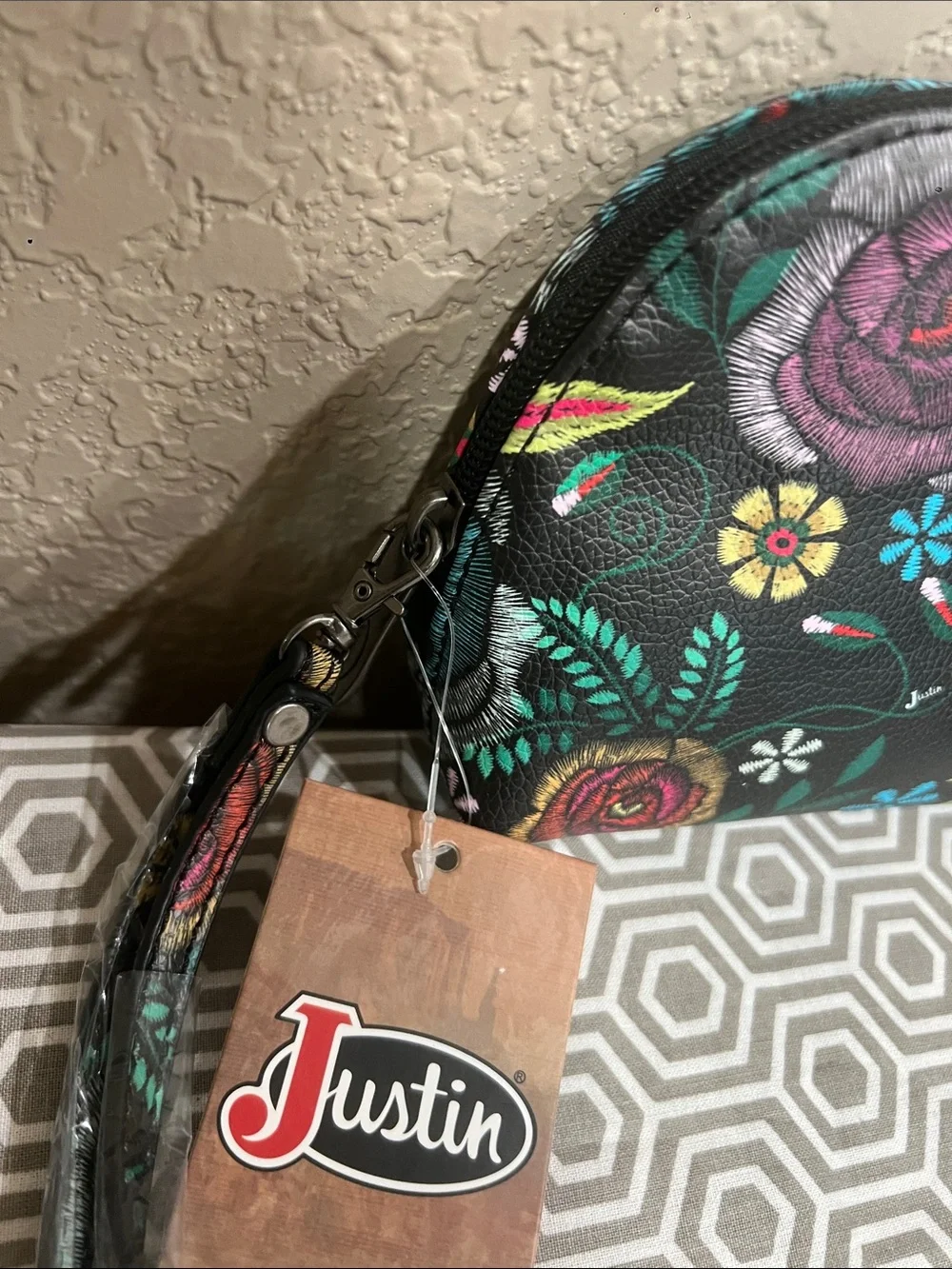Justin Boots Black Floral Embroidered Cosmetic Wristlet